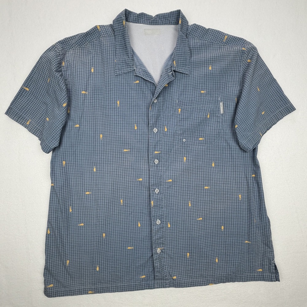 Columbia PFG Mens Short Sleeve Fishing Shirt Blue Grid Fish Print Size Large